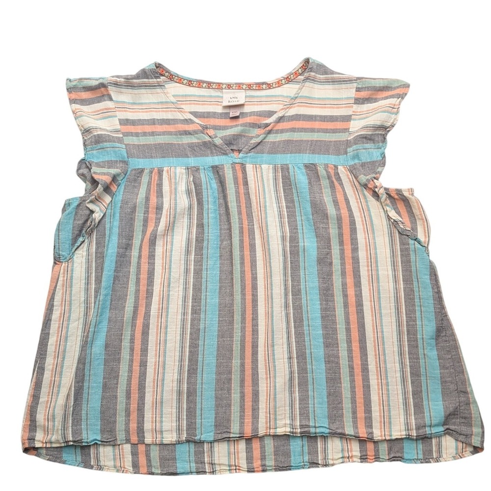 Knox Rose Blouse Womens XXL Blue Orange Striped Ruffle Sleeve Boho V-Neck Top